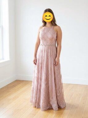 Rose gold formal dress with matching accessories